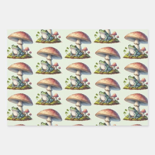 Frog Under a Mushroom Cute Nature Pattern Geschenkpapier Set (Vorderseite 3)