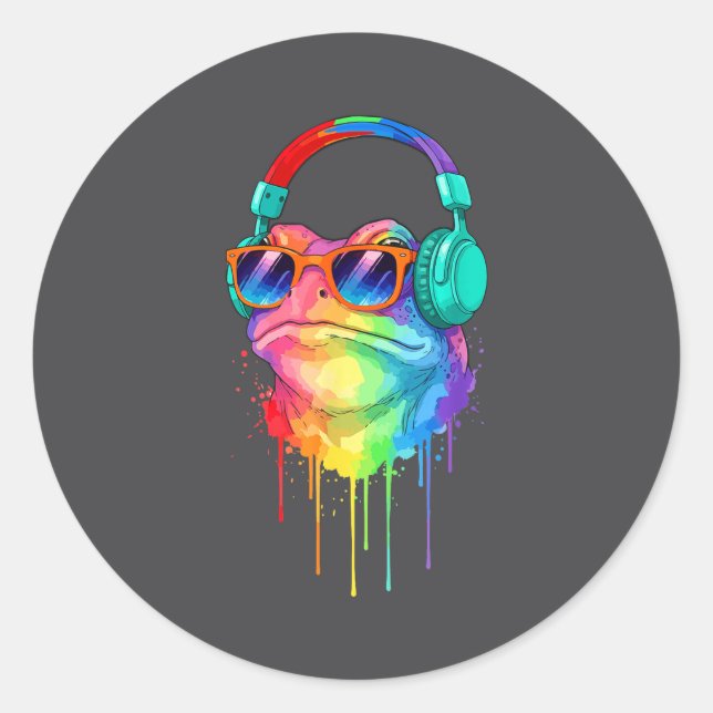Frog Wearing Headphones And Sungles Edm Rave Desig Runder Aufkleber (Vorderseite)