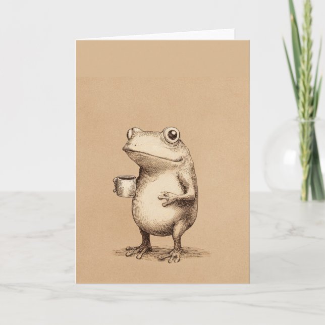 Frog with Coffee – Whimsical Vintage Animal Karte (Vorderseite)