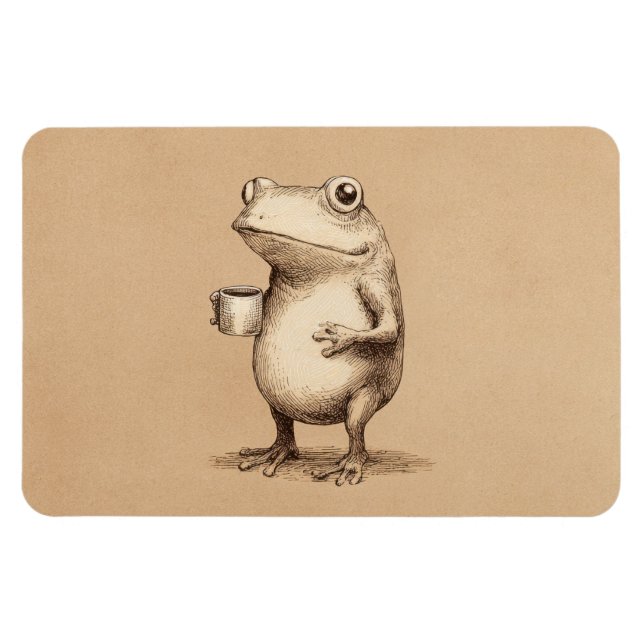 Frog with Coffee – Whimsical Vintage Animal Magnet (Horizontal)