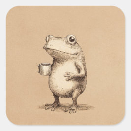 Frog with Coffee – Whimsical Vintage Animal Quadratischer Aufkleber
