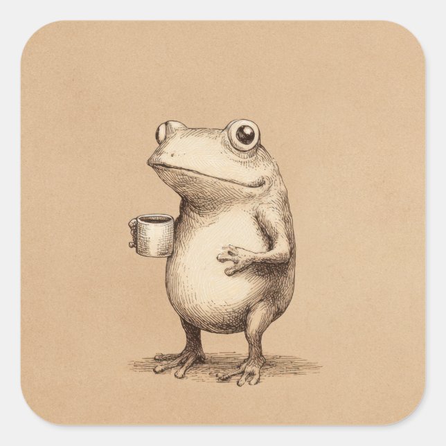 Frog with Coffee – Whimsical Vintage Animal Quadratischer Aufkleber (Vorderseite)