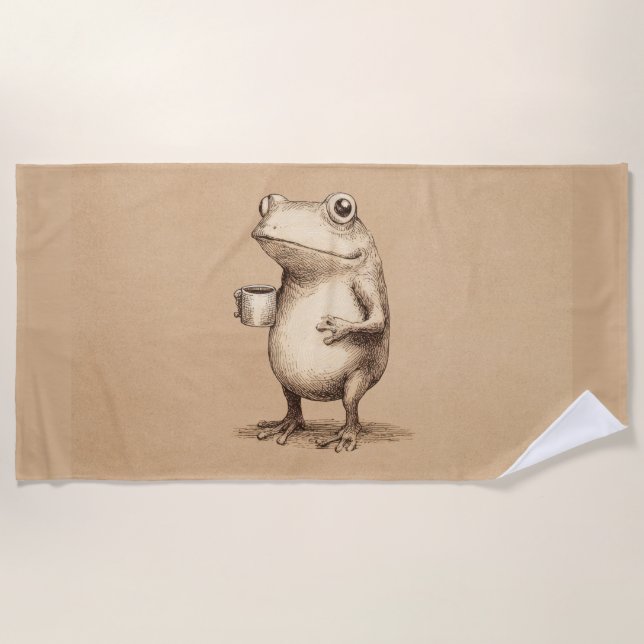 Frog with Coffee – Whimsical Vintage Animal Strandtuch (Vorderseite)