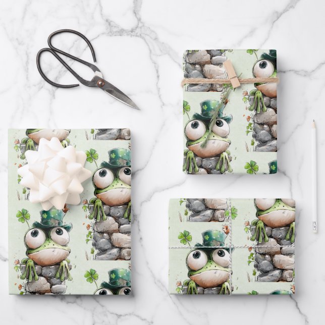 Frog with Green Hat and Shamrock Cute Pattern Geschenkpapier Set (Vorderseite)