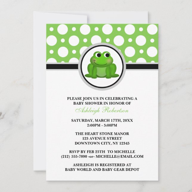 Froggy Green Polka Dot Baby Shower Einladungen (Vorderseite)