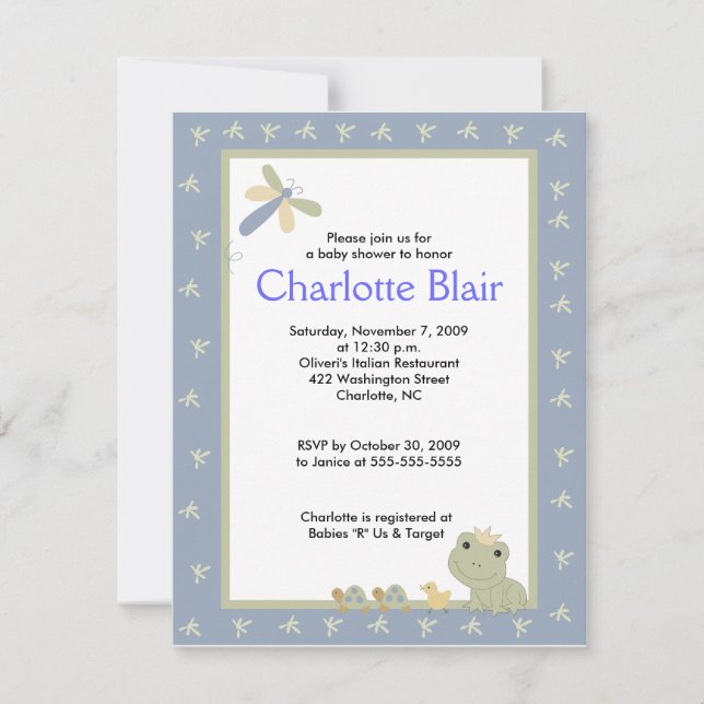 Froggy Tales Blue Border Baby Shower Einladung (Vorderseite)