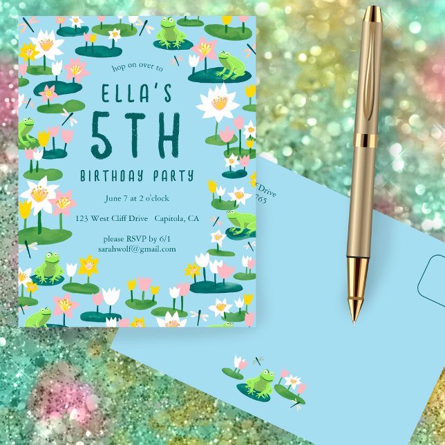 Frogs & Lily Pad CUSTOM BIRTHDAY PARTY Invitation Postkarte (Frogs and Lily Pads Cute CUSTOM BIRTHDAY PARTY Invitation Postcard
)