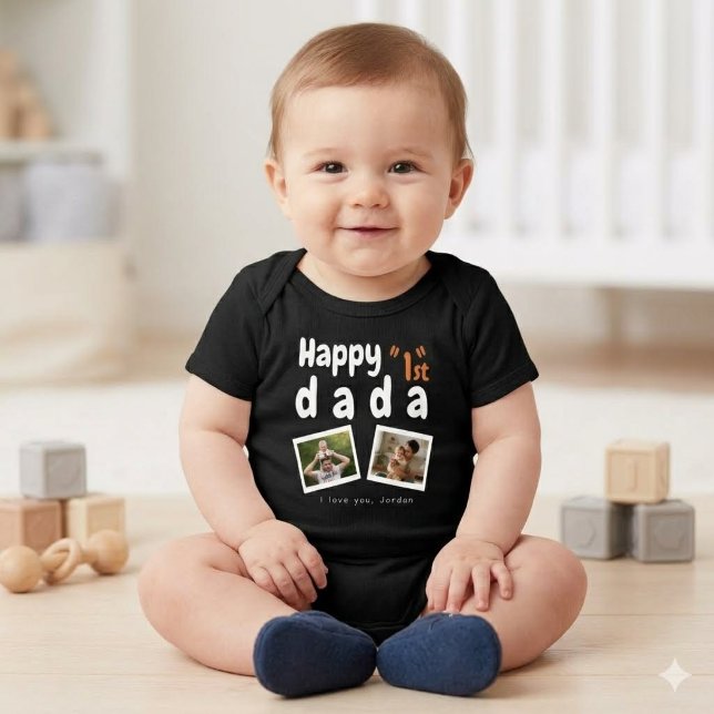 Frohe 1. Dada Custom Name Foto Schwarz Baby Strampler (Von Creator hochgeladen)