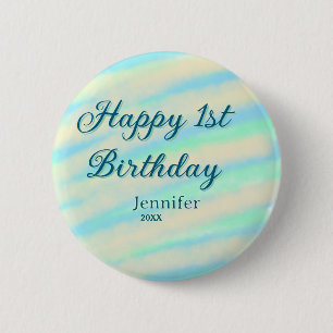 Frohe 1. Geburtstag Kinder baby blau grün Pastell Button