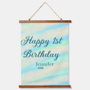 Frohe 1. Geburtstag Kinder Baby Blau Grün Pastell Wandteppich Mit Holzrahmen