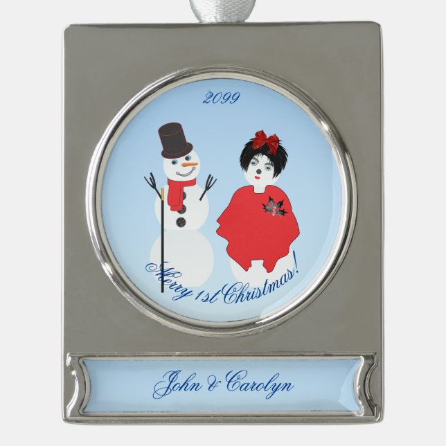 Frohe 1. Weihnachts Couple Snowman Frau Banner-Ornament Silber (Vorderseite)