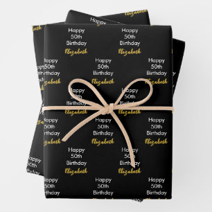Frohe 50. Geburtstag Gold Name Schrift Schwarz & W Geschenkpapier Set
