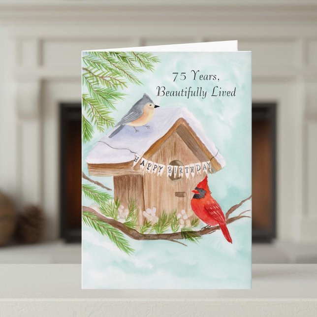 Frohe 75. Geburtstag Vögel im Vogelhaus Karte (Von Creator hochgeladen)