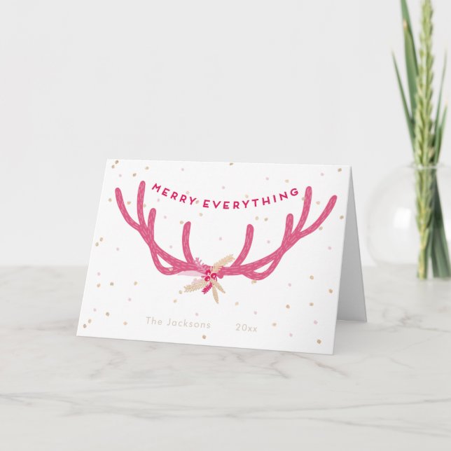 Frohe alles Pink Antlers Weihnachten auf Weiß (Vorderseite)