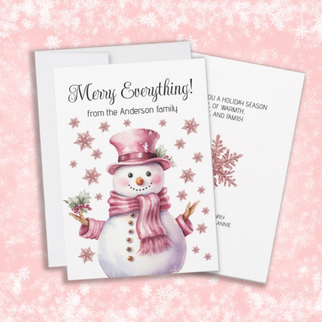 Frohe alles Rosa Schneemannsschneeflocken Feiertagskarte (Cute pink snowman and snowflakes "Merry Everything" custom Christmas/holiday greeting card.)