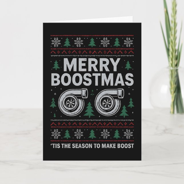 Frohe Boostmas Turbo Weihnachtspullover Autorennen Karte (Vorderseite)