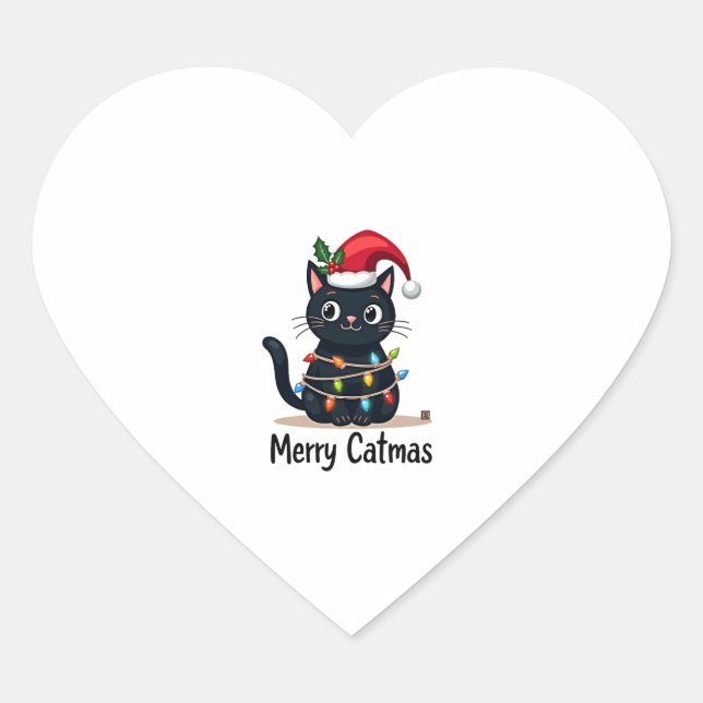 Frohe Catmas Black Cat Weihnachten Weihnachten Wei Herz-Aufkleber (Vorderseite)