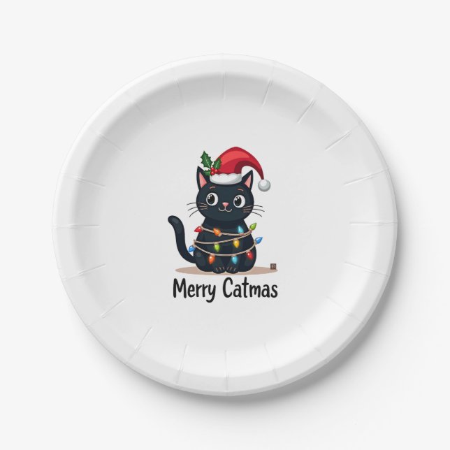 Frohe Catmas Black Cat Weihnachten Weihnachten Wei Pappteller (Vorderseite)