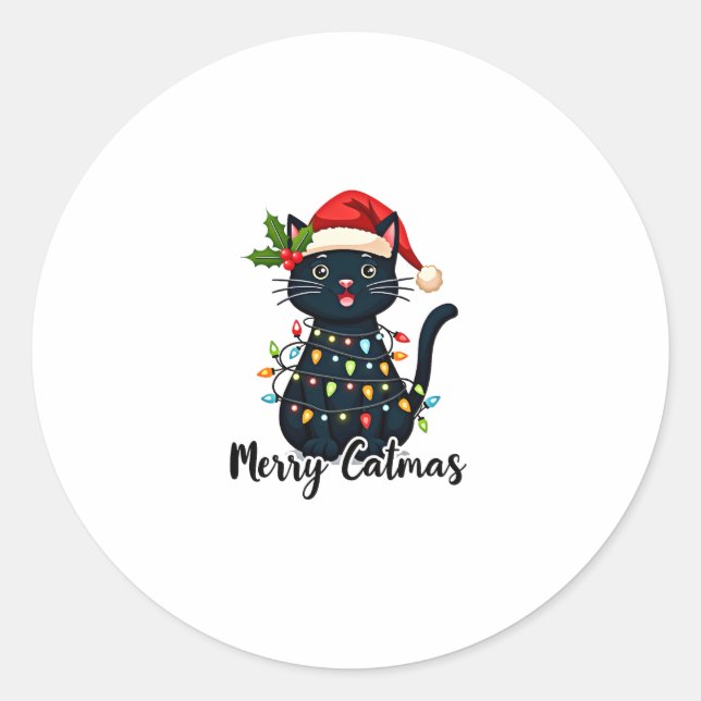 Frohe Catmas Black Cat Weihnachten Weihnachten Wei Runder Aufkleber (Vorderseite)