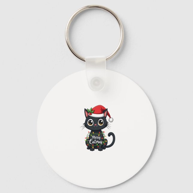 Frohe Catmas Black Cat Weihnachten Weihnachten Wei Schlüsselanhänger (Vorderseite)