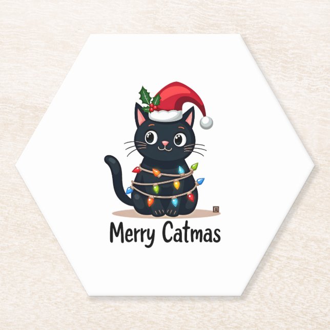 Frohe Catmas Black Cat Weihnachten Weihnachten Wei Untersetzer (Vorderseite)