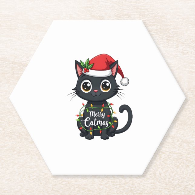 Frohe Catmas Black Cat Weihnachten Weihnachten Wei Untersetzer (Vorderseite)