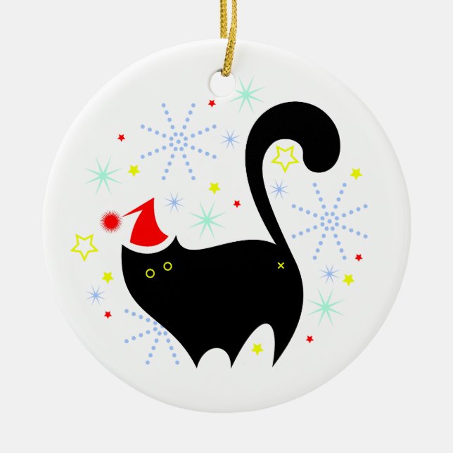 Frohe Catmas Festive Black Cat Weihnachtsmannmütze Keramik Ornament (Vorne)