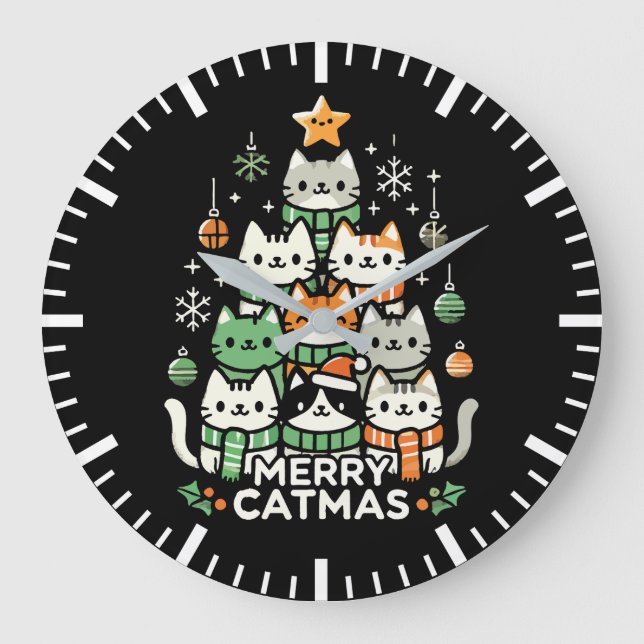 Frohe Catmas Niedliche Katze Weihnachtsbaum Urlaub Große Wanduhr (Vorderseite)