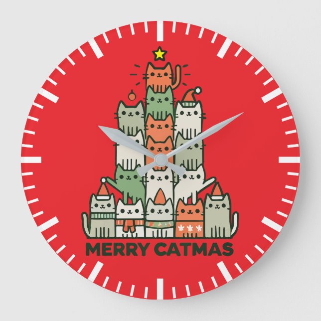 Frohe Catmas Niedliche Katze Weihnachtsbaum Urlaub Große Wanduhr (Vorderseite)