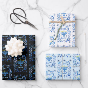 Frohe Chanukka Botanische Menora Aquarell Geschenkpapier Set