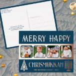 Frohe Chrismukkah 4 Foto Blau und Rose Gold<br><div class="desc">Gestalten Sie Ihren eigenen Luxus in Echtgoldfolie-Urlaub mit Postkarten mit diesem einfachen und eleganten 4-Foto-Design in dunkelblau und Rose Gold mit einem stilisierten Baum für Weihnachten und einem minimalistischen Menorah für Hanukkah. Frohe Chrismukkah! Fügen Sie Ihre vier Lieblings-Fotos mit dem einfachen Vorlagenuploader hinzu und beobachten Sie, wie Ihre Bilder in...</div>