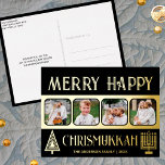 Frohe Chrismukkah 4 Foto Schwarz und Gold<br><div class="desc">Gestalten Sie Ihren eigenen Luxus-Urlaubssaal in Goldfolie, der Postkarten mit diesem schlichten und eleganten 4-Foto-Design in Schwarz und Gold mit einem stilisierten Weihnachtsbaum und einer minimalistischen Menorah für Hanukkah begrüßt. Frohe Chrismukkah! Fügen Sie Ihre vier Lieblings-Fotos mit dem einfachen Vorlagenuploader hinzu und beobachten Sie, wie Ihre Bilder in schwarz gerahmten...</div>