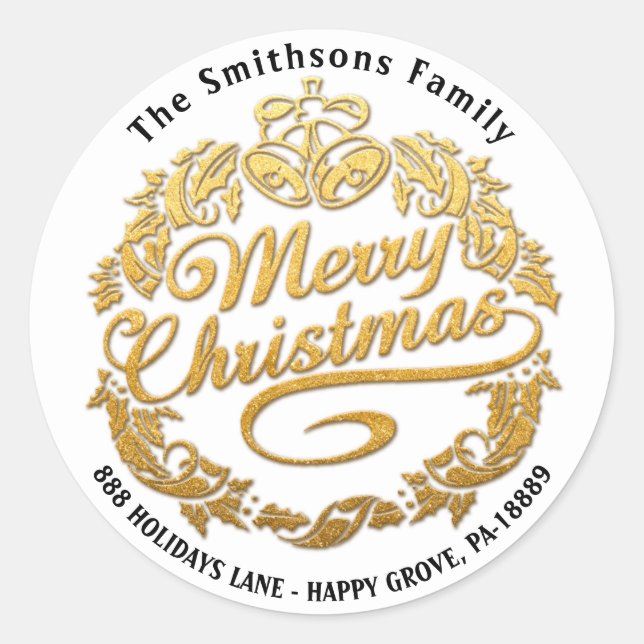 Frohe Christmas Holly Wreath UAWG Gold Royal White Runder Aufkleber (Vorderseite)
