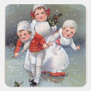 Frohe ChristmasLittle Kids Ice Skaten Quadratischer Aufkleber