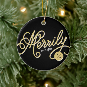 Frohe Ever nach Curly Script Foto Weihnachten Keramikornament