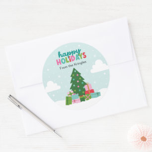 Frohe Feiertage Baum mit Geschenken in Aqua Blau Runder Aufkleber