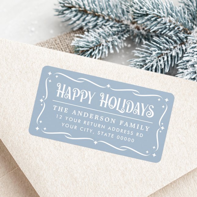 Frohe Feiertage elegante hellblaue Rücksendeadress Adressaufkleber (Happy Holidays elegant light blue return address Label)