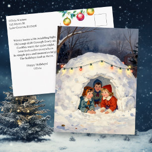 Frohe Feiertage Gedicht Vintage Kinder im Schneefo Feiertagspostkarte