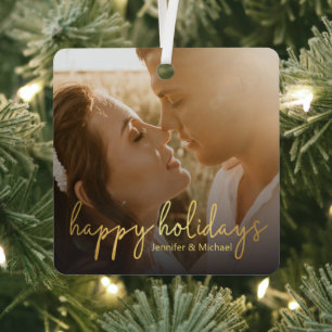 frohe Feiertage Gold Handschrift Hochzeit Foto Ornament Aus Metall