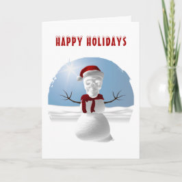 Frohe Feiertage. Lustiger Schneemann mit Totenkopf Karte