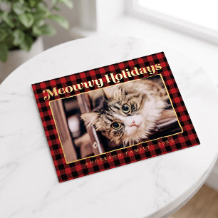 Frohe Feiertage Modern Plaid Lustige Hauskatze Fot Folien Feiertagspostkarte