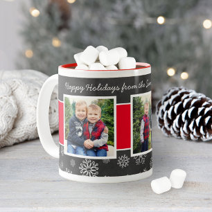 Frohe Feiertage Schiefertafel Rotes Schneeglöckche Zweifarbige Tasse