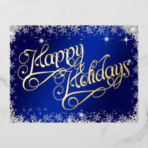 Frohe Feiertage Typografie Blau und Diamanten Folien Feiertagspostkarte