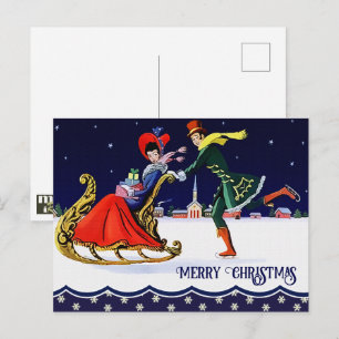 Frohe Feiertage. Vintage Eislaufpaar Weihnachten Postkarte