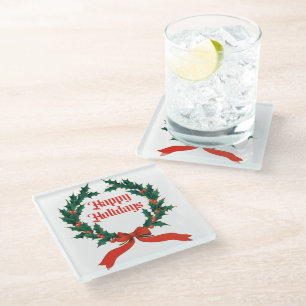 Frohe Feiertage Vintage-Stechpalme-Weihnachtskranz Glasuntersetzer