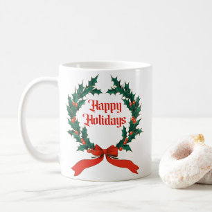Frohe Feiertage Vintage-Stechpalme-Weihnachtskranz Kaffeetasse