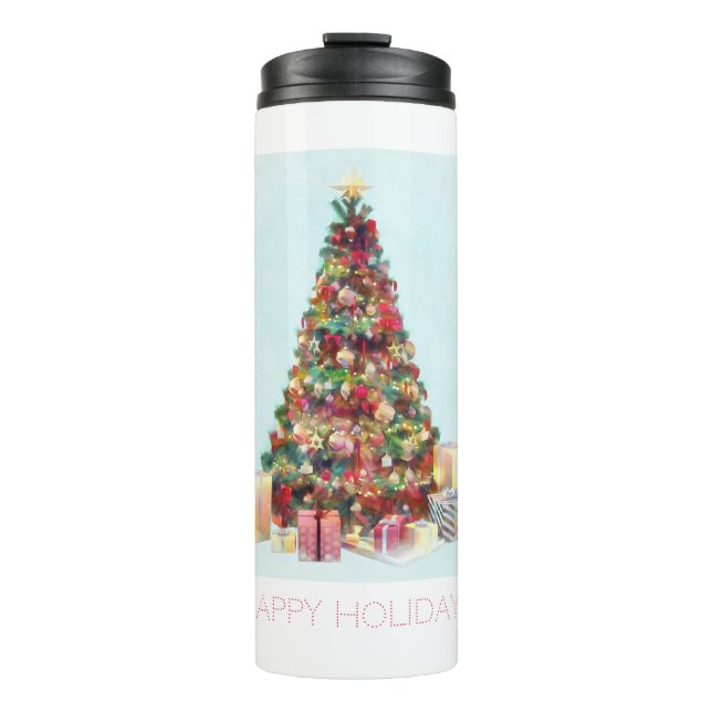Frohe Feiertage. Weihnachtsbaum Thermosbecher (Vorderseite)