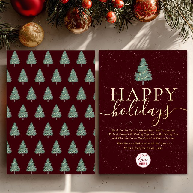 Frohe Feiertage Weihnachtsbäume Firmenlogo Gold (Corporate happy holidays Christmas tree company logo burgundy gold foil script business holiday card)
