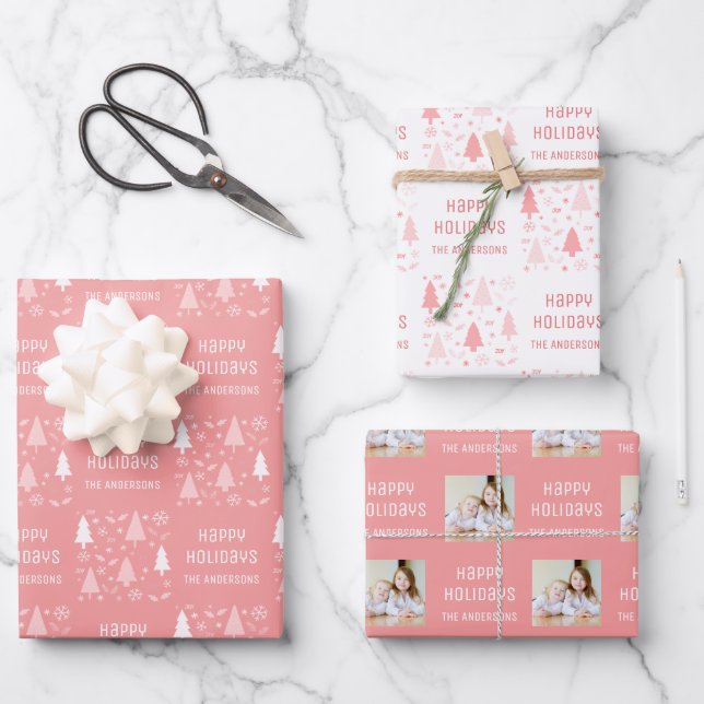 Frohe Feiertage Weihnachtsfoto Rosa Geschenkpapier Set (Vorderseite)
