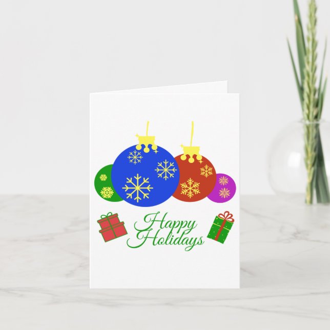 Frohe Feiertage Weihnachtskugeln und Geschenke Des Karte (Vorderseite)
